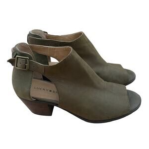 Lucky Brand Peep Toe Ankle Booties Heels Olive Green Women’s Size 8.5